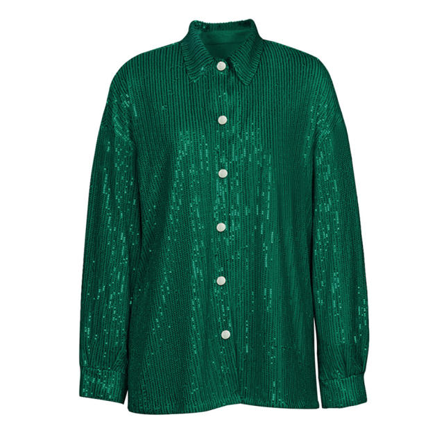 Dark Green Sequined Shirt with Pant and Bra 3pcs Set TQF711062-9