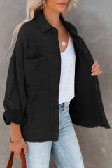 Black Christmas Hat Wine Glass Print Distressed Denim Jacket LC854283-2