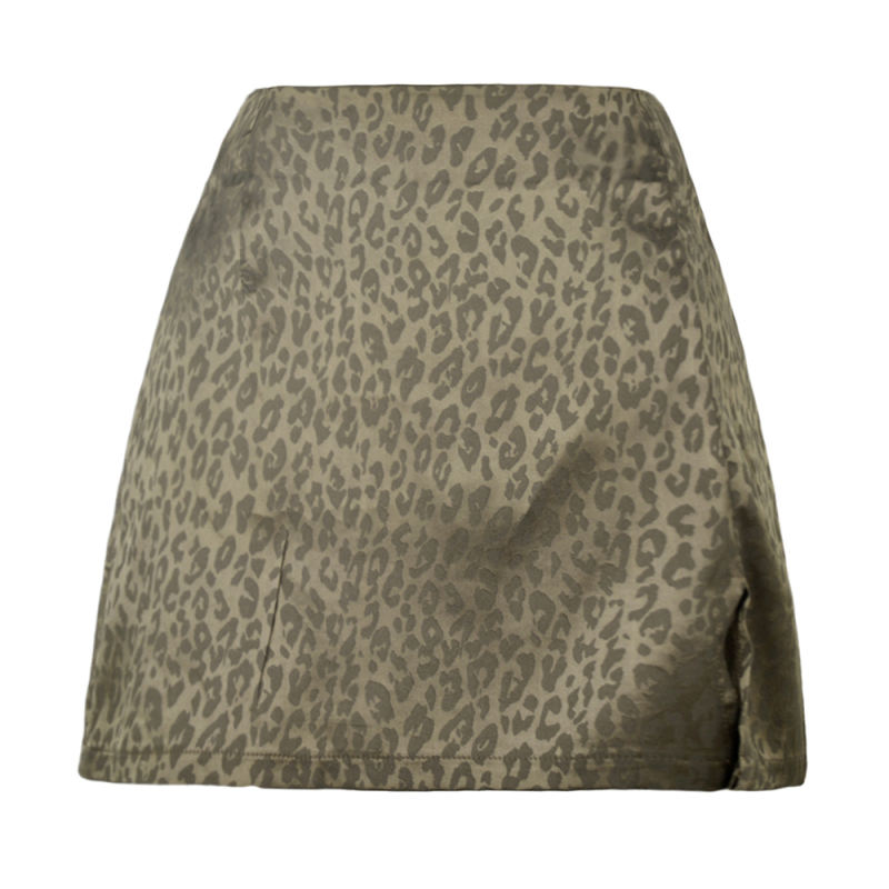 Army Green Leopard Print Split Satin Skirt TQK360030-27