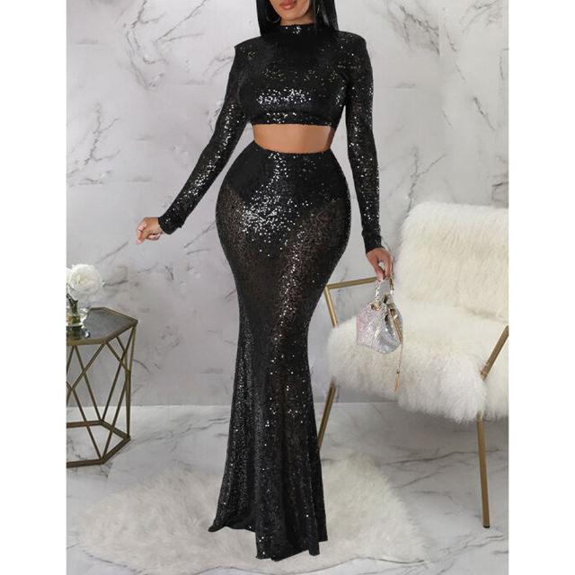 Black Sequined Crop Top with Fishtail Skirt Set TQV810034-2