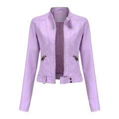 Light Purple PU Stand Collar Short Leather Jacket TQK280124-38