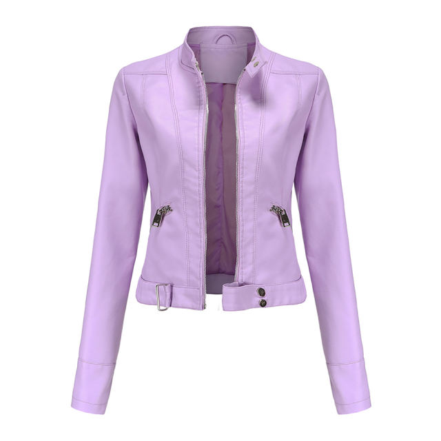 Light Purple PU Stand Collar Short Leather Jacket TQK280124-38
