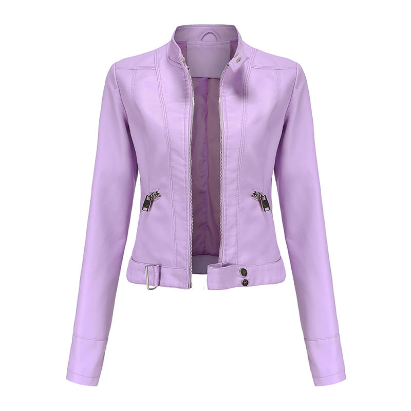 Light Purple PU Stand Collar Short Leather Jacket TQK280124-38