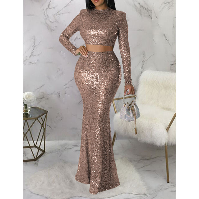 Champagne Sequined Crop Top with Fishtail Skirt Set TQV810034-53