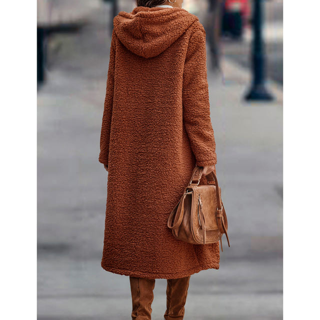 Caramel Open Front Long Sleeve Hooded Fleece Coat TQK280217-56