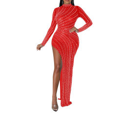 Red All-over Rhinestones Mock Neck High Split Maxi Dress TQK311318-3
