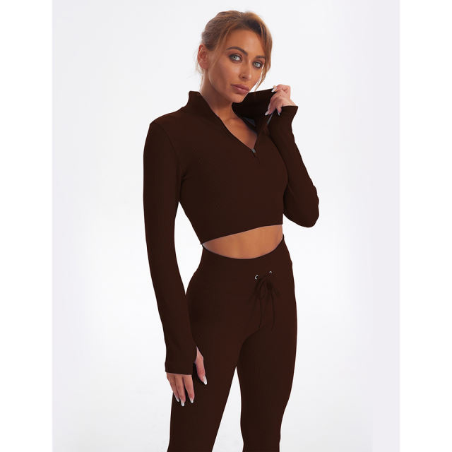 Coffee Seamless Stand Collar Jacket with Pant Yoga Set TQK710415-15