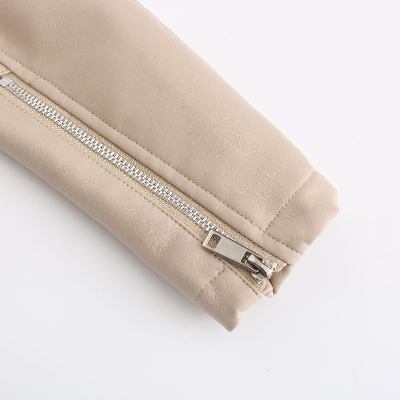 Beige Rivet Decoration Turndown Collar PU Leather Jacket TQK280137-46