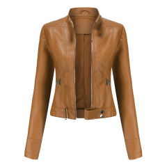 Camel PU Stand Collar Short Leather Jacket TQK280124-58