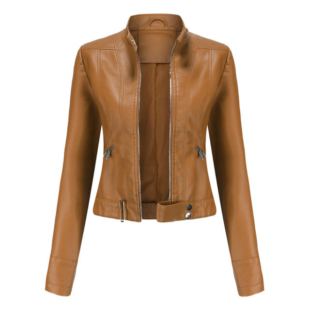 Camel PU Stand Collar Short Leather Jacket TQK280124-58