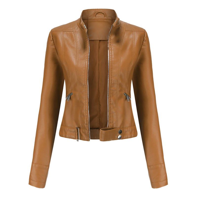 Camel PU Stand Collar Short Leather Jacket TQK280124-58