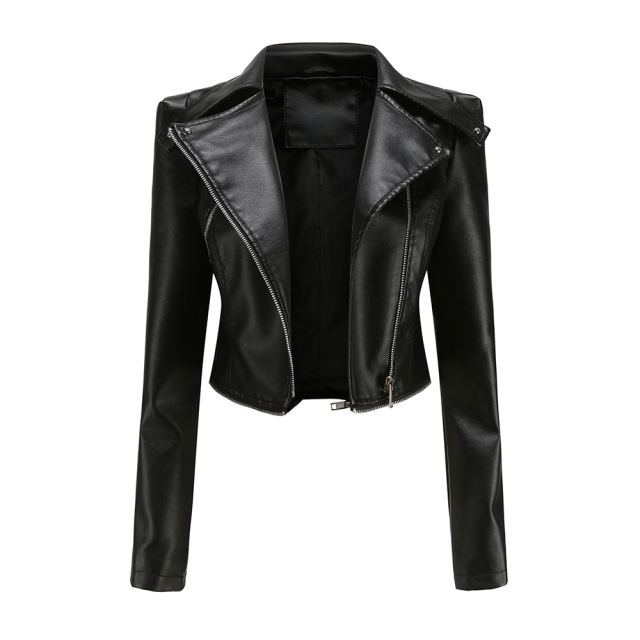 Black Removable Hem Leather PU Leather Jacket TQK280125-2