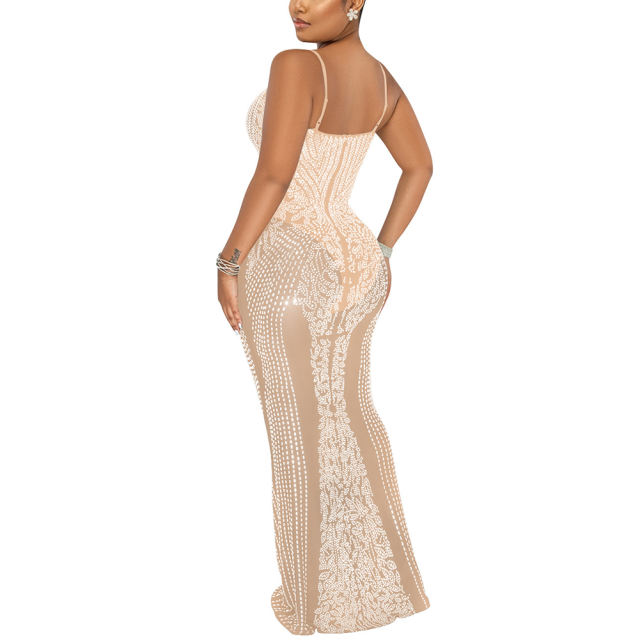 Apricot Rhinestone See Through Long Maxi Dress TQK310858-18