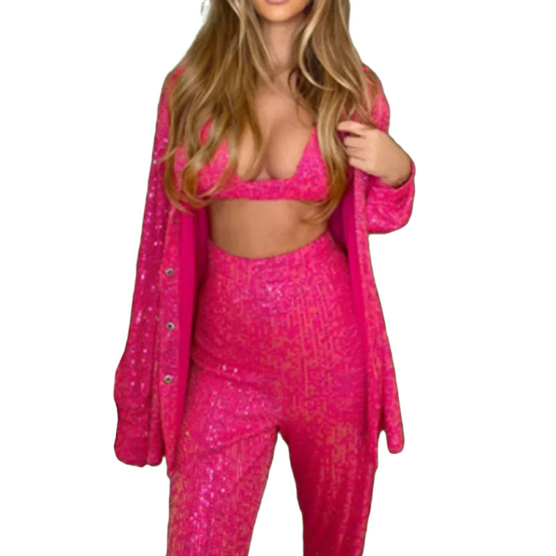Rosy Sequined Shirt with Pant and Bra 3pcs Set TQF711062-6