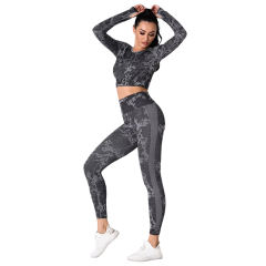Gray Camo Knit Seamless Long Sleeve Pant Yoga Set TQE91362-11