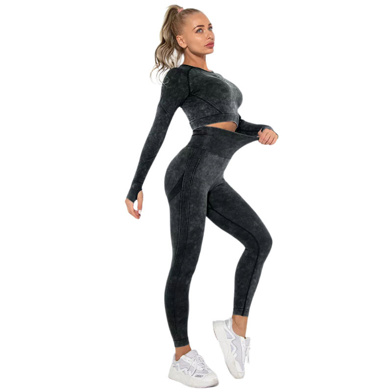 Black Nylon Seamless Long Sleeve Pant Yoga Set TQE91361-2