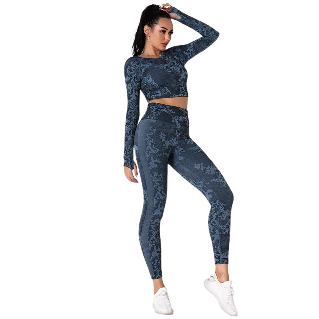 Blue Camo Knit Seamless Long Sleeve Pant Yoga Set TQE91362-5