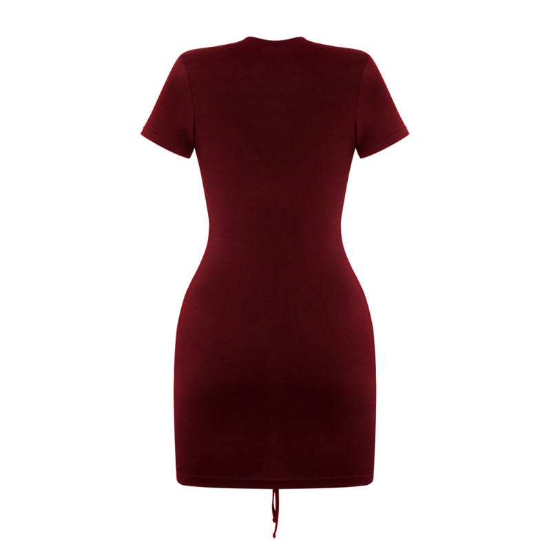 Burgundy Short Sleeve Drawstring Bodycon T-Shirt Dress TQK311016-23