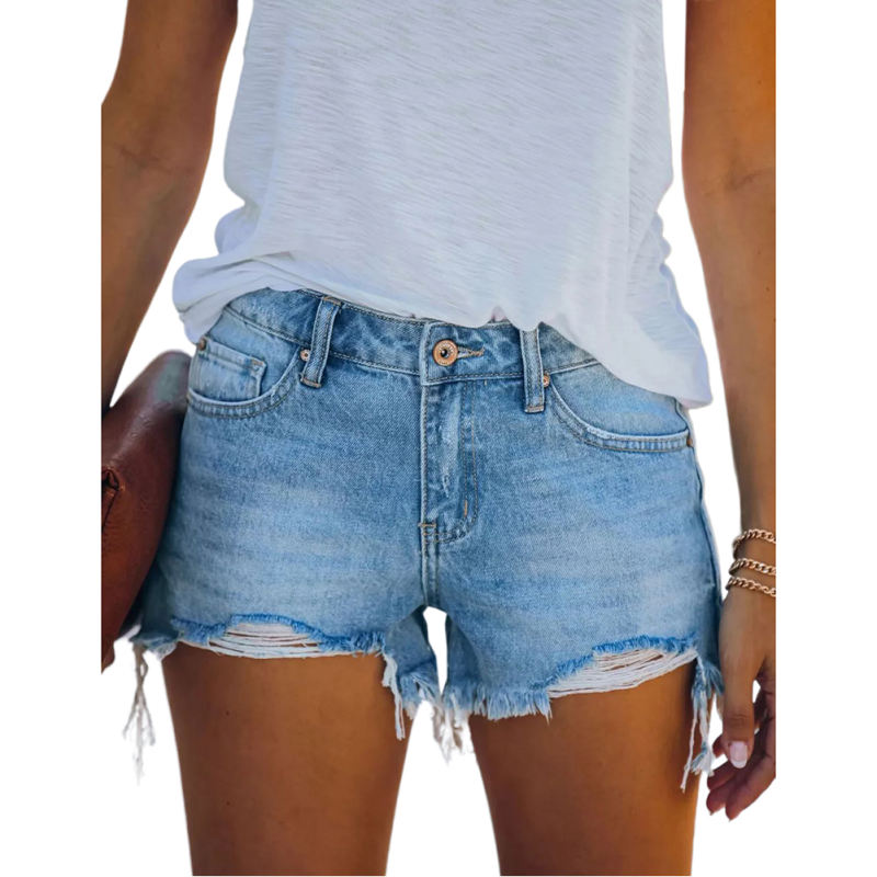 Blue Ripped Distressed Pocketed Jean Shorts TQK530082-5