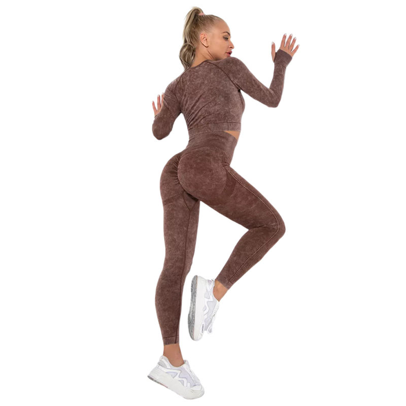 Coffee Nylon Seamless Long Sleeve Pant Yoga Set TQE91361-15
