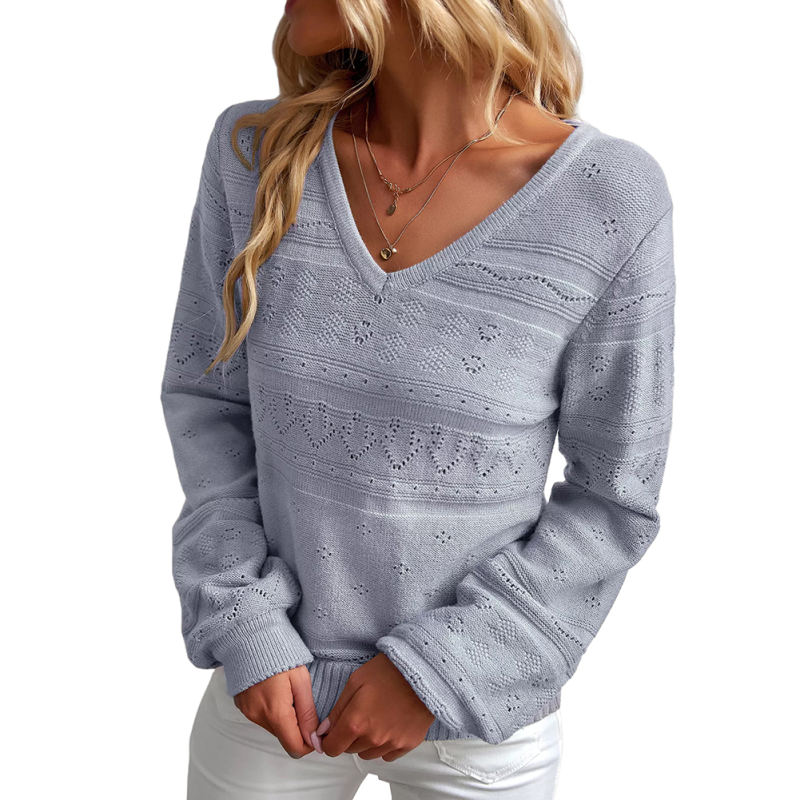 Blue V Neck Hollow-out Long Sleeve Sweater TQV270058-5