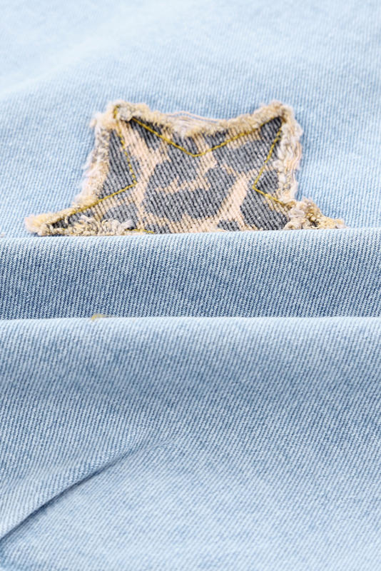 Sky Blue Leopard Star Distressed Cropped Denim Jacket LC788175-4