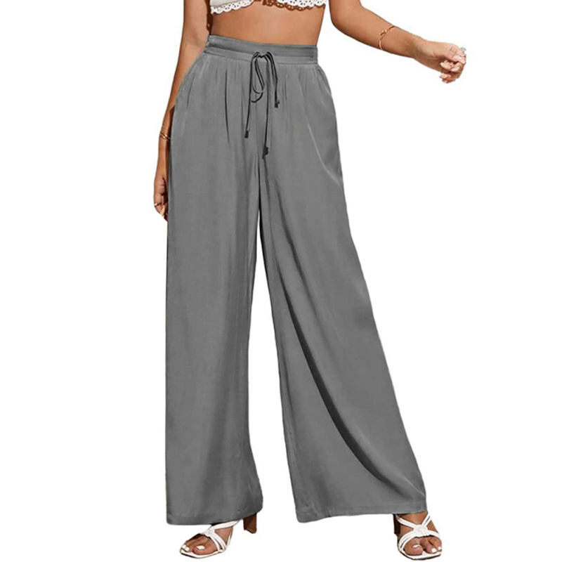 Gray Elastic Lace-up Waist Wide Leg Pants TQV510029-11