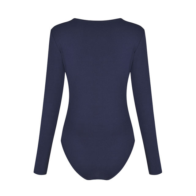 Navy Blue Zip Up Long Sleeve Bodysuit TQK550148-34