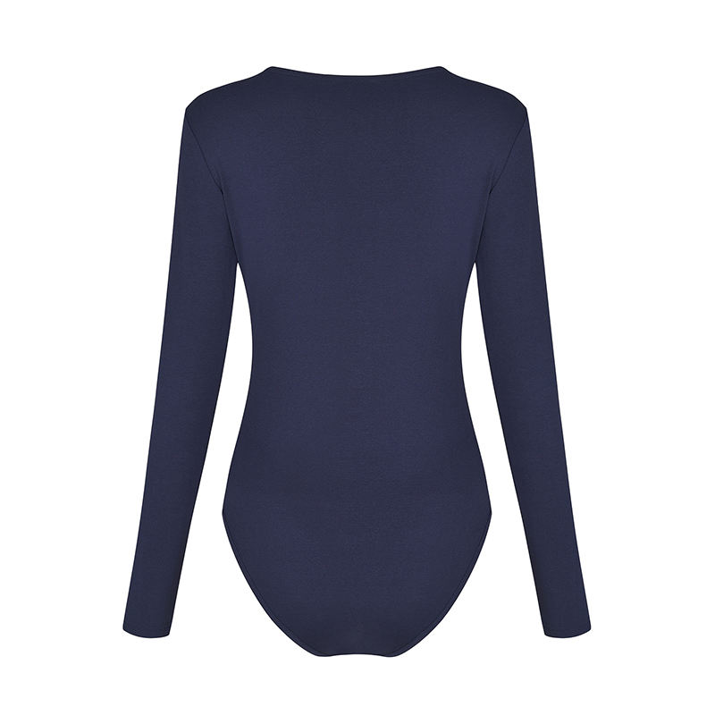 Navy Blue Zip Up Long Sleeve Bodysuit TQK550148-34