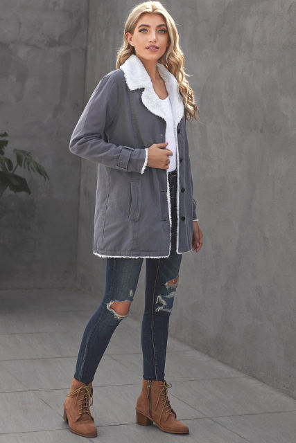 Gray Lapel Collar Button Fleece Jacket LC8511336-11