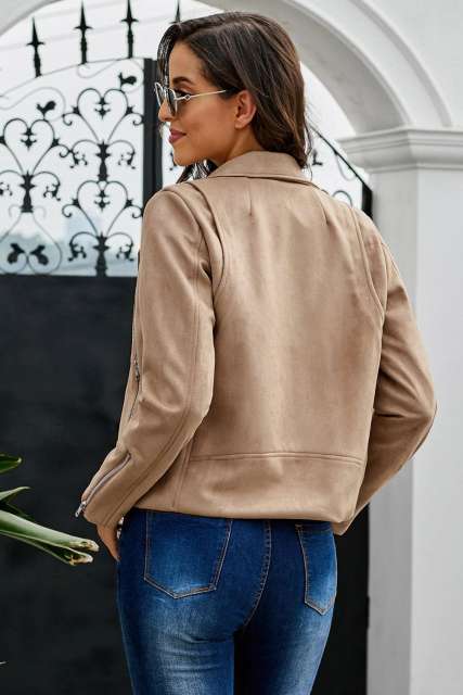 Khaki Zipped Notch Collar Short Jacket LC85294-16
