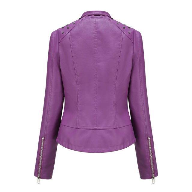 Purple Rivet Decoration Turndown Collar PU Leather Jacket TQK280137-8