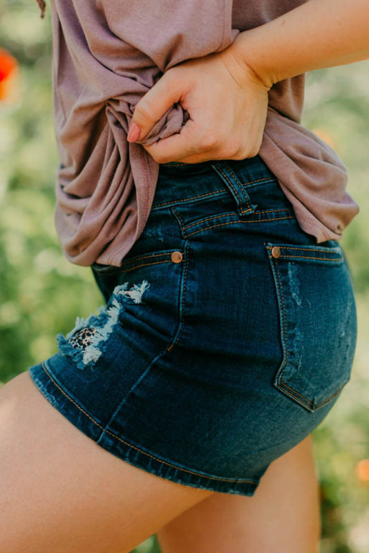 Dark Blue Leopard Patched Ripped Denim Shorts LC781338-5