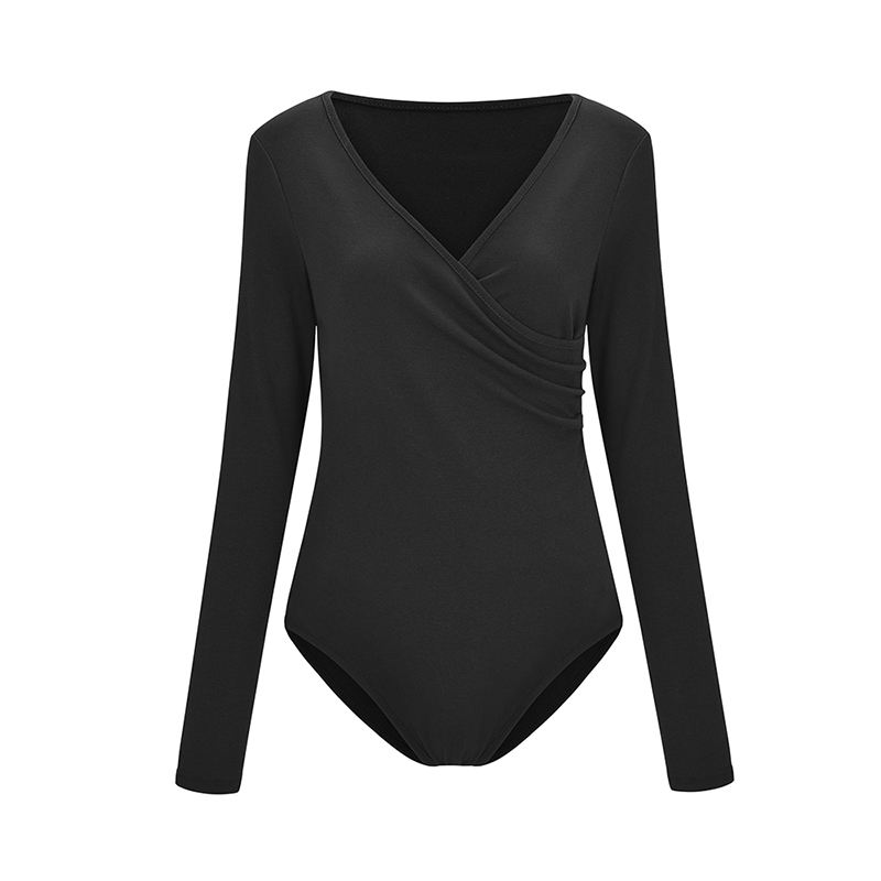 Black V Neck Long Sleeve Bodysuit TQK550147-2