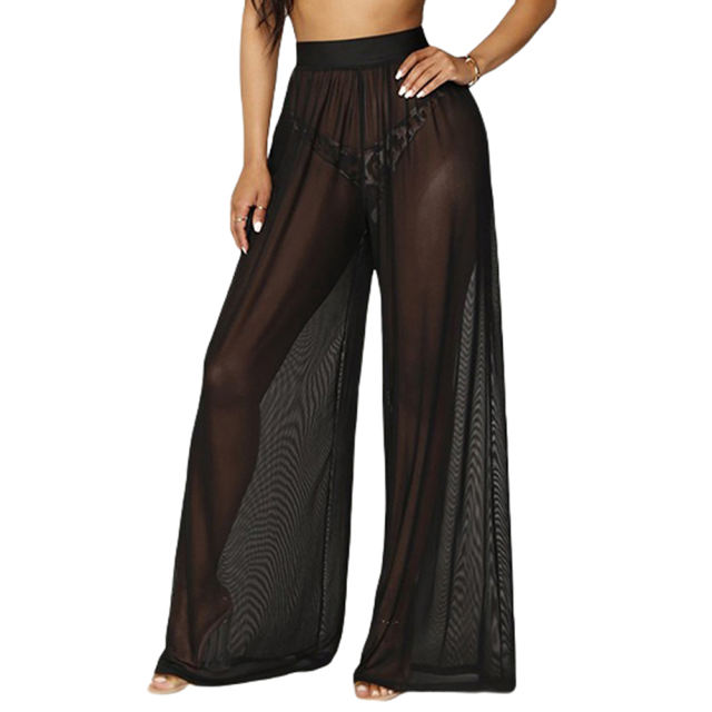 Black Sheer Mesh Wide Leg Pants TQV510057-2