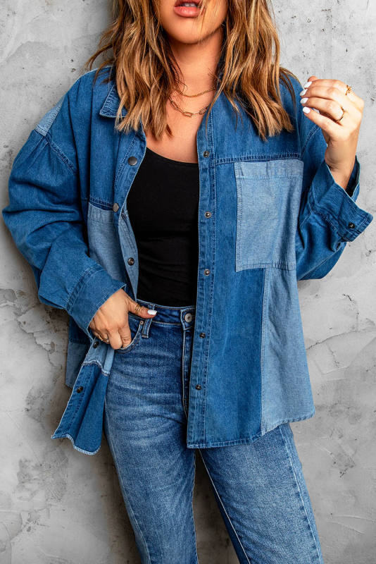 Blue Color Block Buttoned Denim Jacket LC858007-5