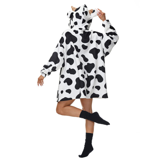 Black White Cow Cartoon Print Blanket Hoodie TQK230364-37