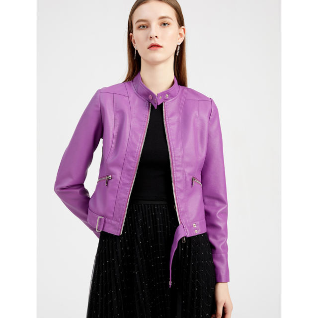 Purple PU Stand Collar Short Leather Jacket TQK280124-8