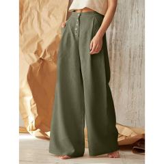 Army Green Cotton Linen Button High Waist Wide Leg Pants TQV510049-27