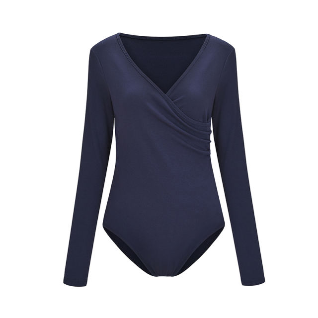 Navy Blue V Neck Long Sleeve Bodysuit TQK550147-34