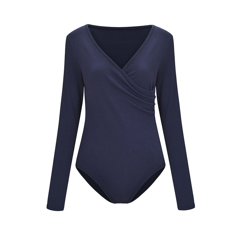 Navy Blue V Neck Long Sleeve Bodysuit TQK550147-34