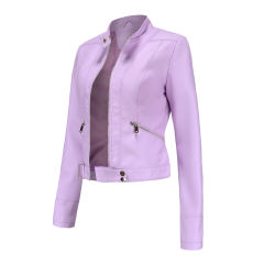 Light Purple PU Stand Collar Short Leather Jacket TQK280124-38