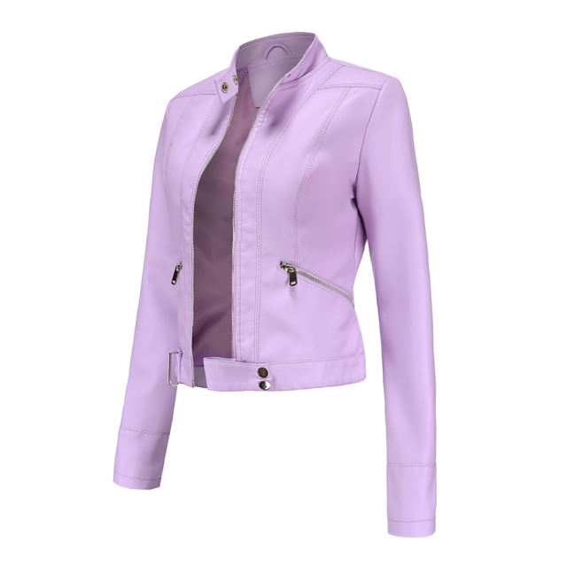 Light Purple PU Stand Collar Short Leather Jacket TQK280124-38