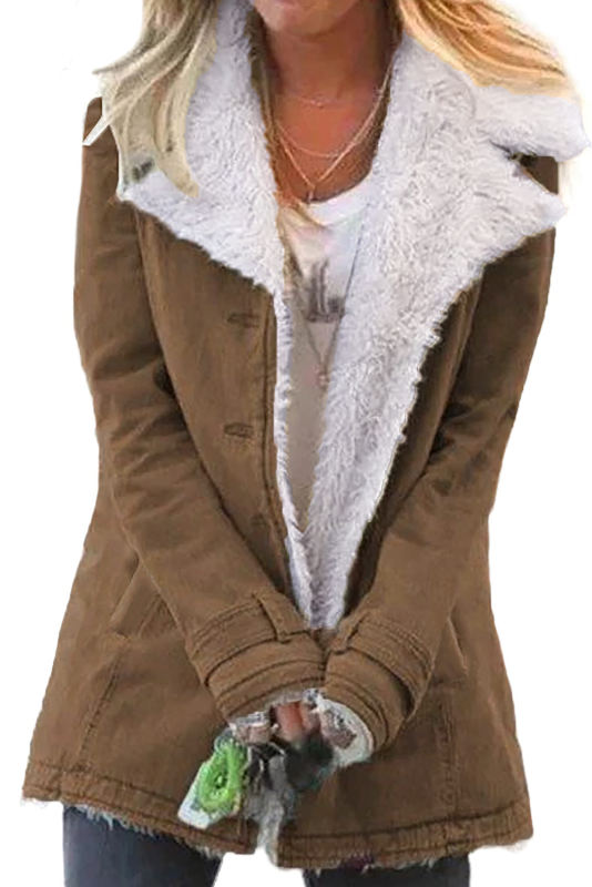 Khaki Lapel Collar Button Fleece Jacket LC8511336-16
