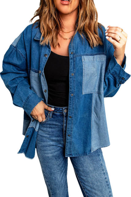 Blue Color Block Buttoned Denim Jacket LC858007-5