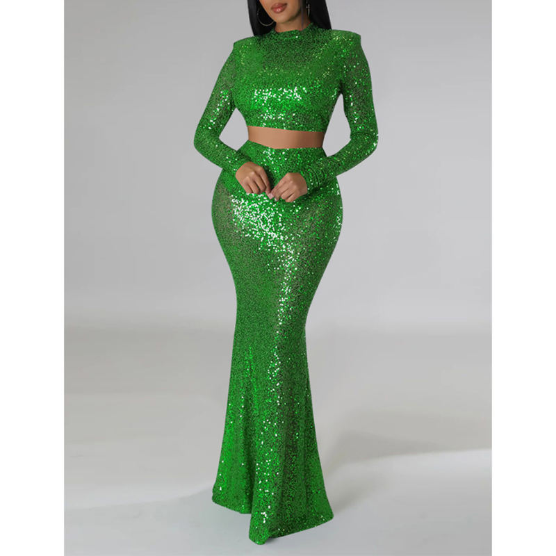 Green Sequined Crop Top with Fishtail Skirt Set TQV810034-9