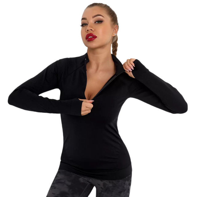 Black Quick Dry Zipper Knit Tight Yoga Tops TQE91363-2