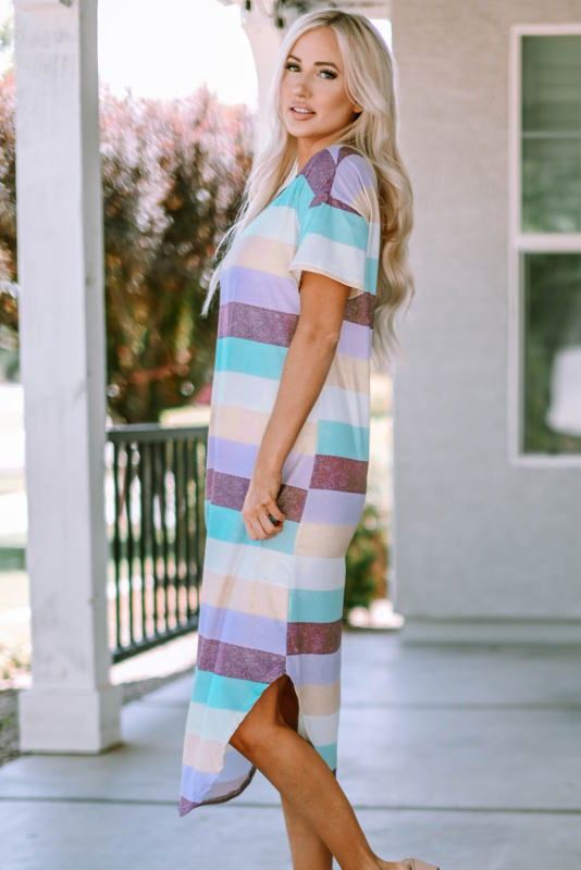 Striped Color Block V Neck T Shirt Midi Dress LC619236-19