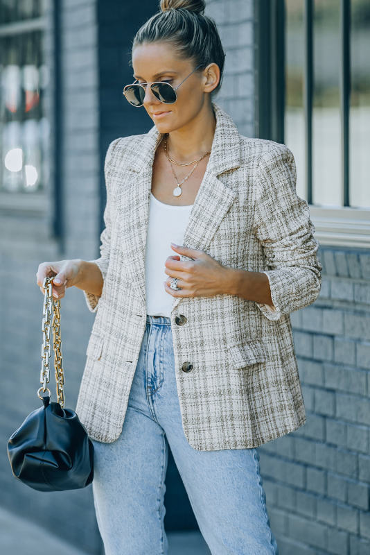 White Pockets Lapel Collar Plaid Blazer LC852357-1