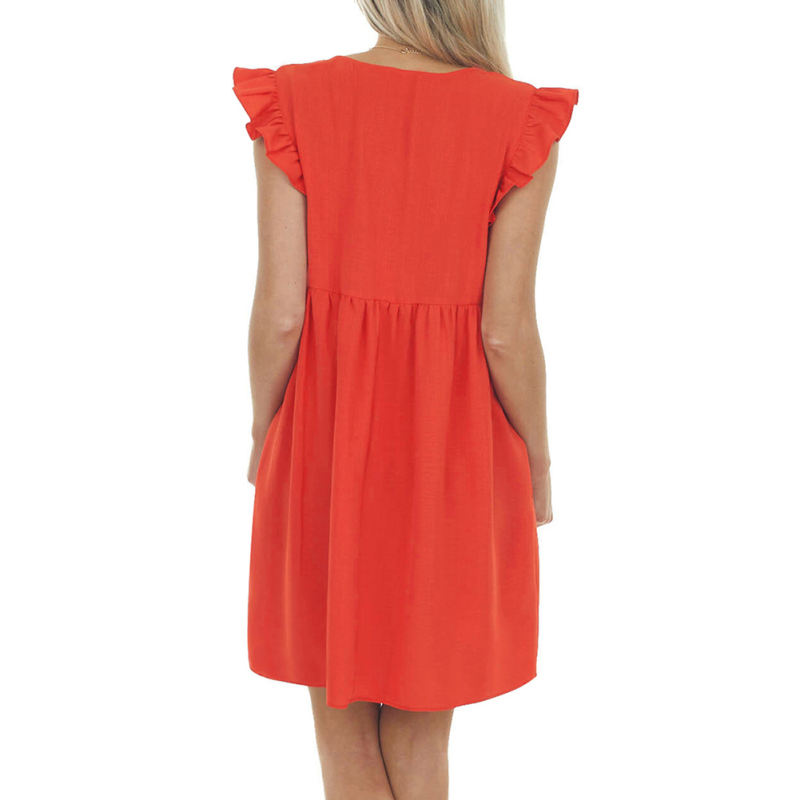 Red V-Neck Ruffle sleeve Pocketed T-shirt Dress TQK311014-3